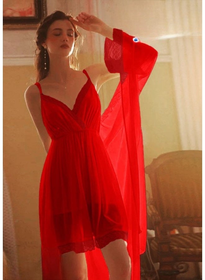 Women's nightgown robe with delicate lace trim – elegant lingerie with an attractive feminine design – lightweight tulle fabric - Image 3